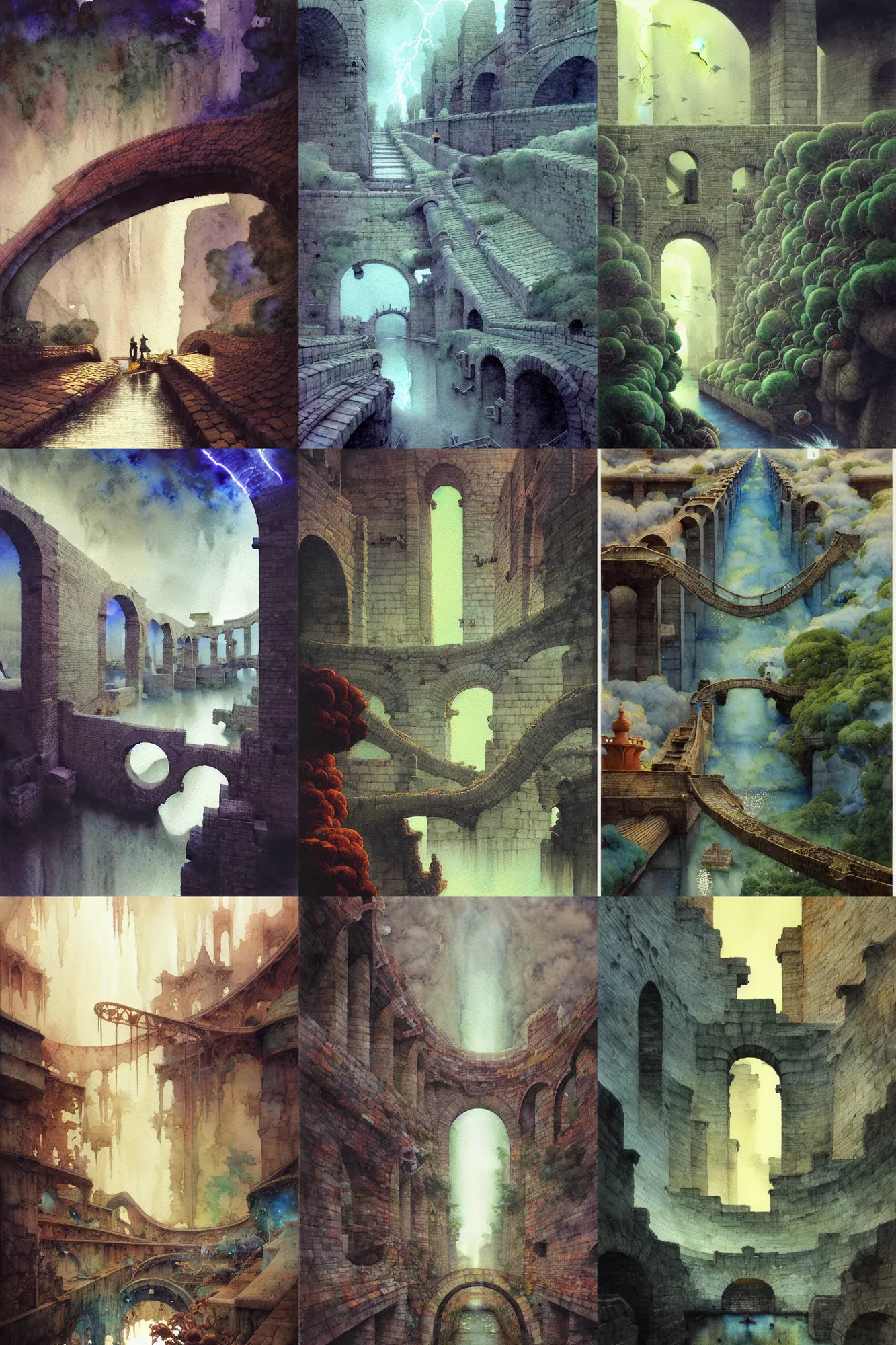 Prompt: twisted waterway, aqueducts, focal point, character, dark fantasy. intricate, amazing composition, colorful watercolor, by ruan jia, by maxfield parrish, by shaun tan, by yoshitomo nara, by escher, by gigier illustration, dream, storm, lightning, volumetric