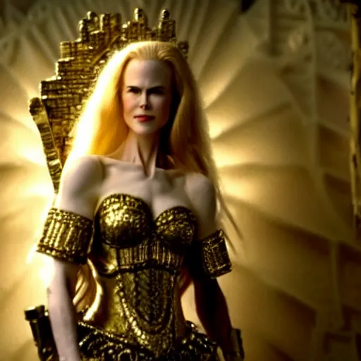 Image similar to cinematic scene with nicole kidman on a majestic throne as the goddess of war, dramatic, small details, volumetric lighting, still frame