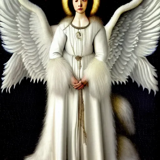 Image similar to highdetailed hyperrealistic painting of white angel!!! no gender!!!, giant ball of miracle light from the chest!!!!!, white sparkles everywhere, 4 k hd fur face!!!, big wings, by jan van eyck, holography space, glow effect, large strokes, white monochrome color!!!!!