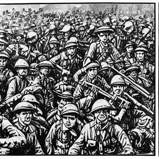 Prompt: first world war drawing, where is waldo style, high detailed print