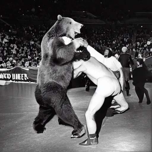 Image similar to maniac john dundee wrestling a bear. madison square garden, 1 9 7 2.