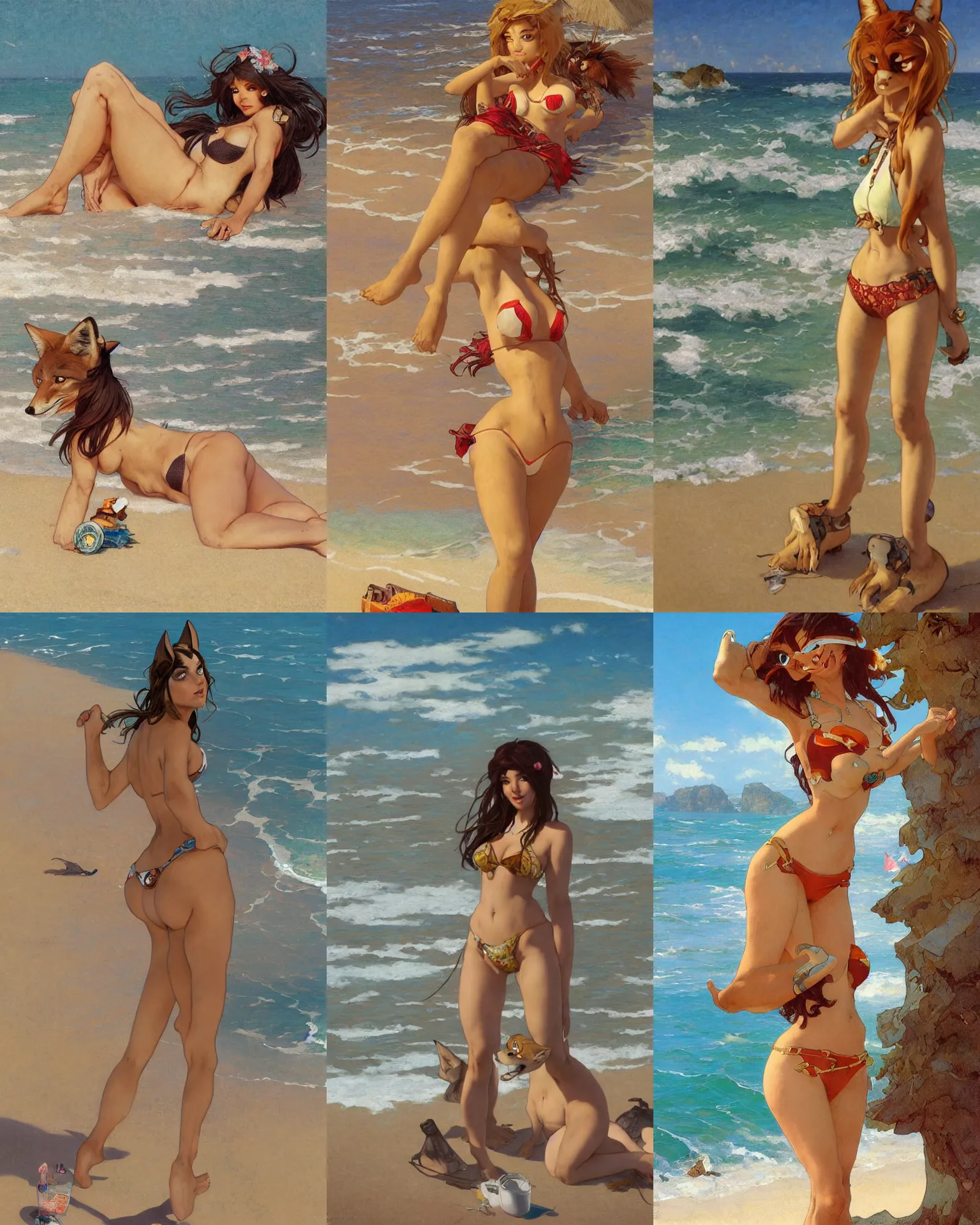 Prompt: female furry anthro anthropomorphic coyote character in a tasteful bikini at the beach. Renowned character illustration by greg rutkowski, thomas kindkade, alphonse mucha, loish, norman rockwell. Trending on furaffinity.