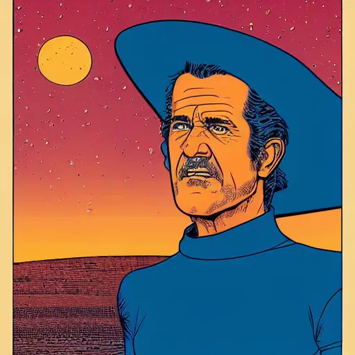 Image similar to mel gibson retro minimalist portrait moebius starwatcher comic by jean giraud, 8 k