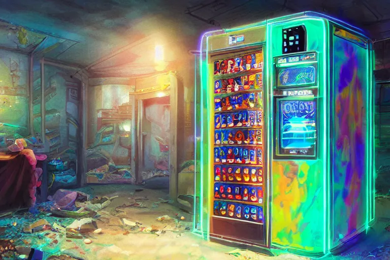 Image similar to an holographic vending machine inside the interior of an abandon house, sunny day, long shot, matte painting, digital art, in the style of studio ghibli, vivid colors, highly detailed, 8 k, establishing shot, smooth, trending on artstation, illustration, realistic