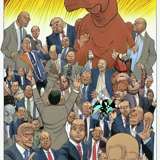 Image similar to detailed intricate colour illustration of businessmen in suits throwing up gang signs at a mecha dinosaur, in the style of Geof Darrow