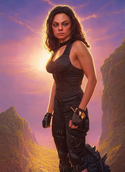 Image similar to epic portrait of Mila Kunis wearing black choker, a very strong muscled Amazon heroine, sun beams across sky, pink golden hour, intricate, elegance, highly detailed, shallow depth of field, epic vista, concept art, art by Artgerm and Donato Giancola, Joseph Christian Leyendecker