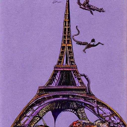 Image similar to Giant purple octopus climbing the Eiffel Tower, concept art by Ray Harryhausen