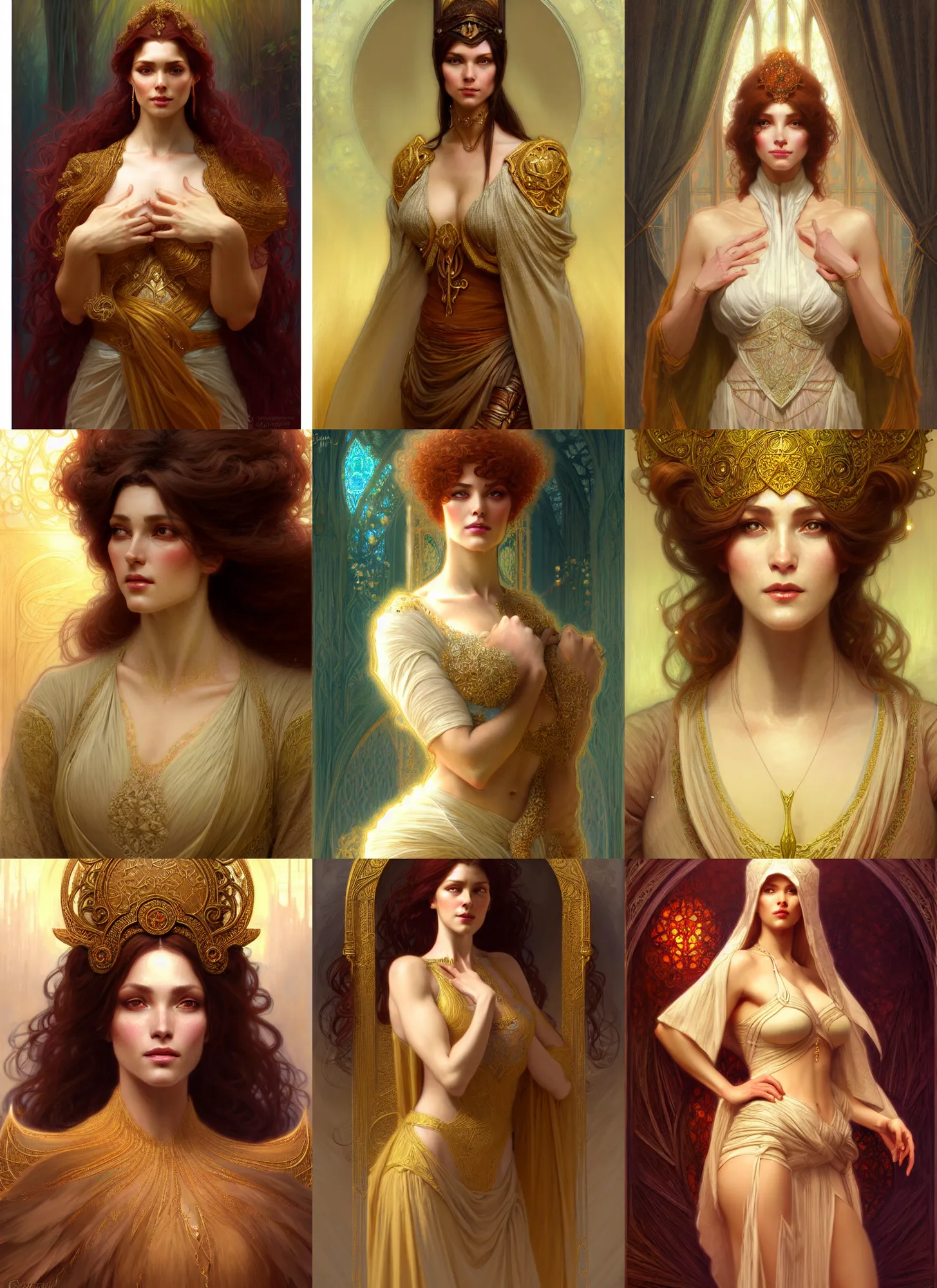 Image similar to character concept portrait of me as modest wife blessed by god to grow ever more intelligent beautiful voluminous muscular tall and virtuous. modestly clothed, intricate, elegant, highly detailed, digital painting, artstation, concept art, symmetry, smooth, sharp focus, illustration, art by gaston bussiere and alphone mucha