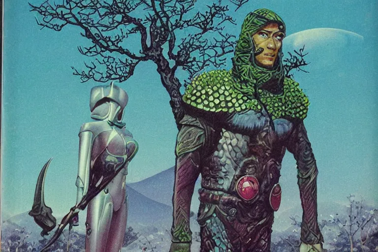 Prompt: 1979 OMNI Magazine Cover of a Druidic elf with armor by a cherry tree in Neo-Kyoto in cyberpunk style by Vincent Di Fate trending in r/reasonablefantasy