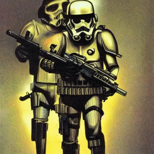 Image similar to zombie stormtrooper, 1 9 7 0 s scifi art