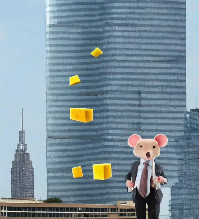 Prompt: giant mouse eats a skyscraper thinking it's a piece of cheese