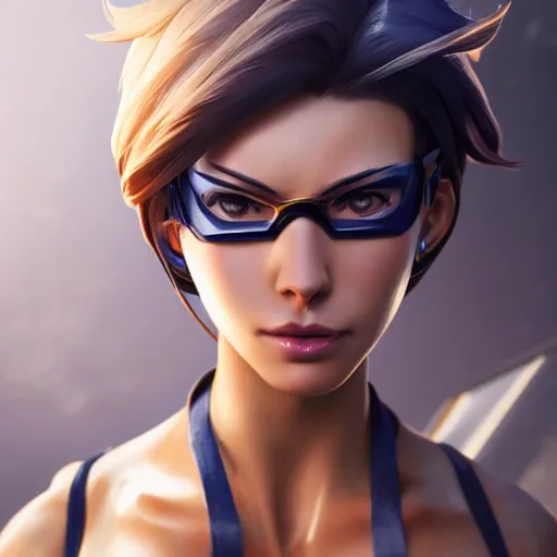 Image similar to a highly detailed portait of tracer from overwatch in a bikini, digital art, pretty face, muscular, very beautiful face, very detailed eyes, 8 k resolution, by wlop, greg rutkowski, full body