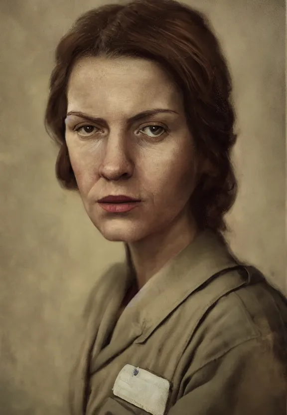 Image similar to a portrait of a tired female nurse in world war 2, 1 9 4 0 setting, sad colors, soft lighting, atmospheric, cinematic, moody, in the style of diego koi, gina heyer, luiz escanuela, art by alyssa monk, hyperrealism, rule of thirds, oil on canvas, 8 k