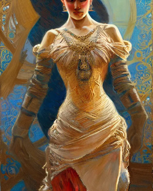 Image similar to an attractive fashion model wearing a complex dress surrounded by intricate geometric patterns. highly detailed painting by gaston bussiere, craig mullins, j. c. leyendecker 8 k