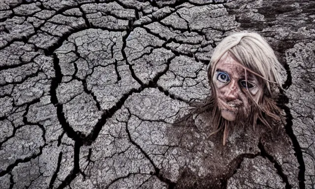 Image similar to close-up of a crying ancient dried up Danu, peaceful, facing the camera and standing in front of a dried up river in a desolate land, dead trees, blue sky, hot and sunny, highly-detailed, elegant, dramatic lighting, artstation, 4k, cinematic landscape, photograph by Elisabeth Gadd