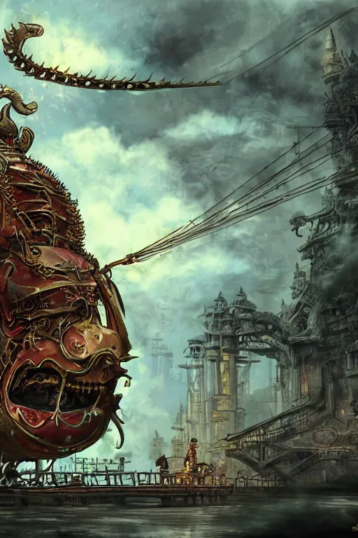 Image similar to illustration, live dragon, old sick gold and crimsoned scaled asian style dragon on a victorian plank of machinery with wires and gears and steam punk apparatus, matte painting, style of studio ghibli, concept art, featured in artstation and artgerm and pixiv, award winning, cinematic, 8 k