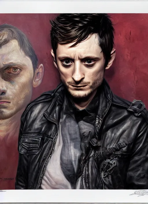 Image similar to portrait of elijah wood, gritty, dark, wearing a leather jacket, very detailed eyes, hyperrealistic, very detailed painting by Glenn Fabry, by Joao Ruas, by Artgerm