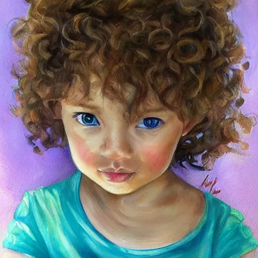 Prompt: a little girl with short curly light brown hair and blue eyes sitting in a nutshell. beautiful painting by magali villanueve, beautiful detailed face.