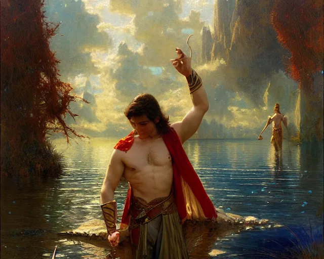Image similar to attractive male wizard casting powerful water spell in a beautiful lake. highly detailed painting by gaston bussiere, craig mullins, j. c. leyendecker 8 k