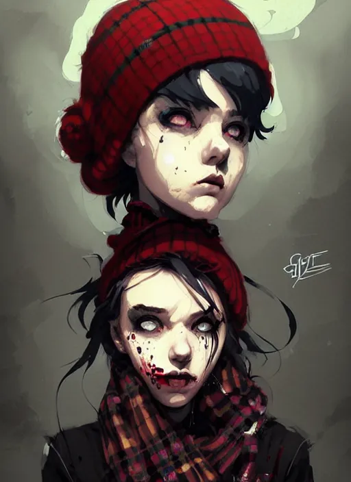 Image similar to highly detailed portrait of a sewer ( ( emo punk ) ) lady student, beanie, tartan scarf, curly hair by atey ghailan, by greg rutkowski, by greg tocchini, by james gilleard, by joe fenton, by kaethe butcher, gradient red, black, brown and cream color scheme, grunge aesthetic!!! graffiti tag wall background