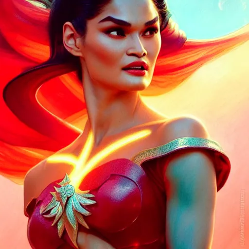 Image similar to pia wurtzbach as darna, volumetric lights, red and cyan theme, art nouveau botanicals, intricate, highly detailed, digital painting, artstation, concept art, smooth, sharp focus, cinematic, illustration, beautiful face, art by artgerm and greg rutkowski and alphonse mucha