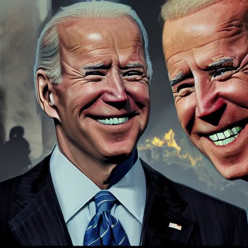 Image similar to joe biden smiling while behind him the world is burning, dramatic lighting, cinematic, establishing shot, extremly high detail, photorealistic, cinematic lighting, artstation, style by James Gurney