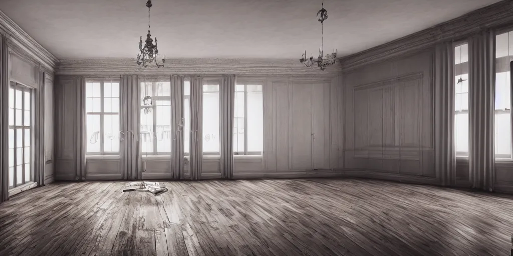 Prompt: empty room high ceiling, victorian, soft light, ominous, photorealistic, detailed, 8k