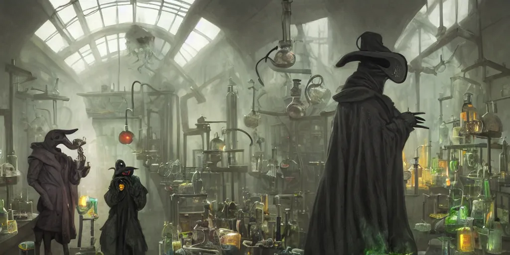 Image similar to a plague doctor and a humanoid rat in a laboratory with lots of flasks filled with magic liquids and green fog, stephen bliss, unreal engine, fantasy art by greg rutkowski, loish, rhads, ferdinand knab, ilya kuvshinov, rossdraws, tom bagshaw, global illumination, radiant soft light, detailed and intricate environment