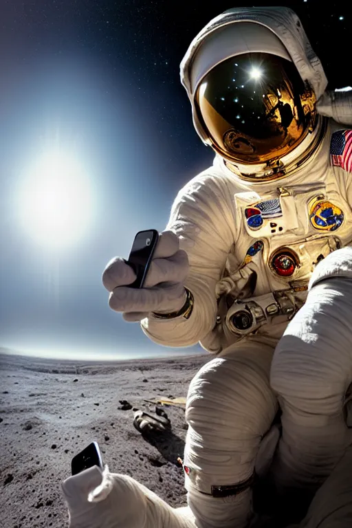 Image similar to historical portrait of space astronaut taking a selfie, holds a smart phone in one hand, phone!! held up to visor, reflection of phone in visor, moon, extreme close shot, soft light, golden glow, award winning photo by michal karcz and yoshitaka amano