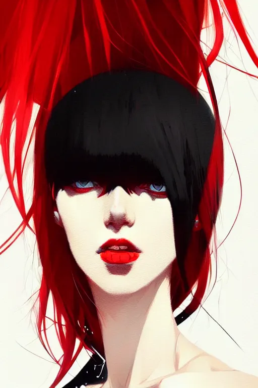 Prompt: a ultradetailed beautiful portrait panting of a stylish woman with red bangs, she is wearing a black dress, by conrad roset, greg rutkowski and makoto shinkai, trending on artstation