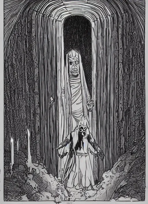 Image similar to a cult of wizards entering the portal of truth, drawing by moebius