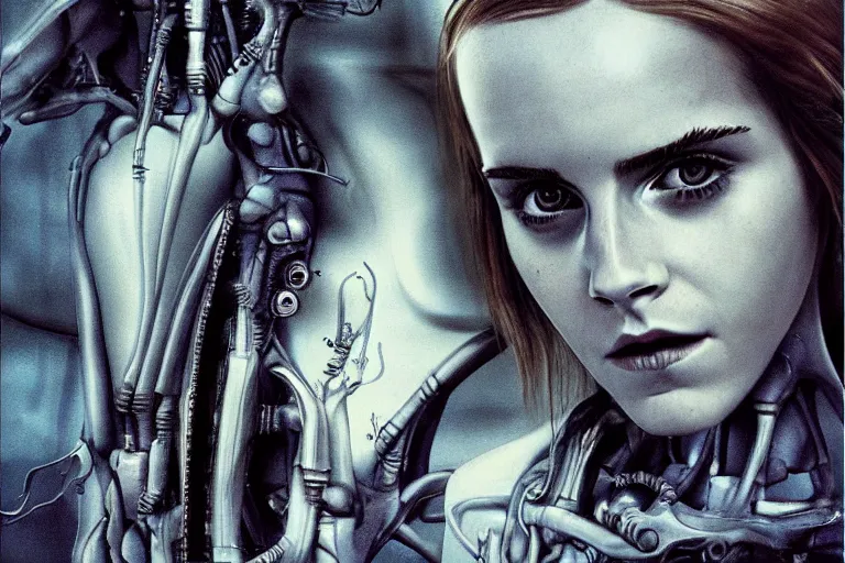 Image similar to emma watson by h. r. giger, light blue tint, biomechanical, concept art