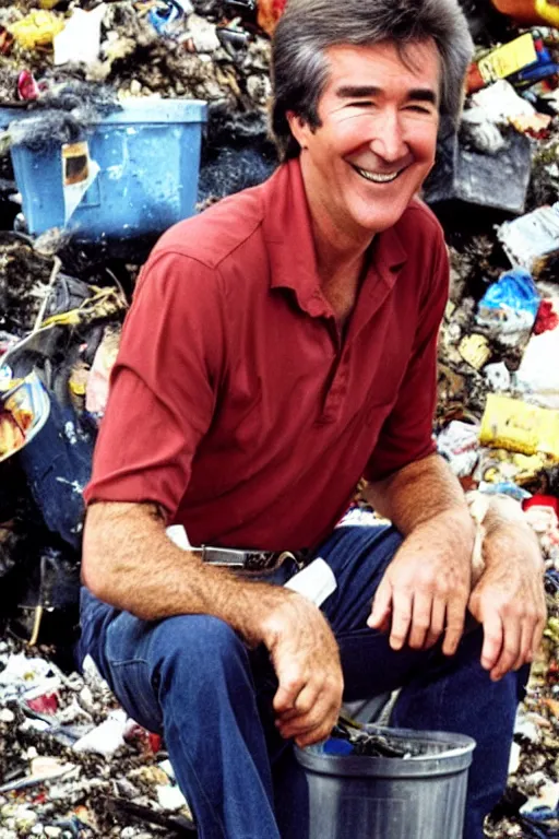 Prompt: randy mantooth smiling sitting on a garbage heap and drinking wine