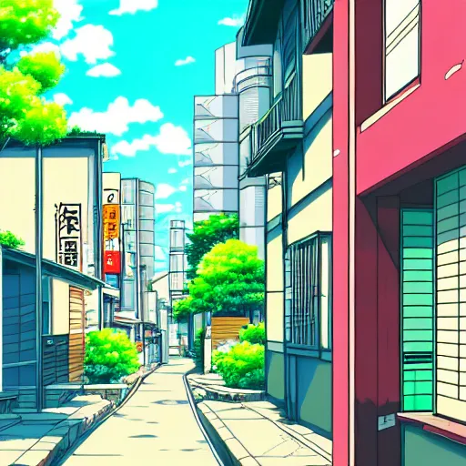 Image similar to anime tokyo residential quiet street scenery only wallpaper aesthetic, saturated colors, beautiful