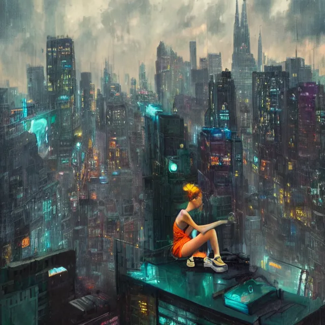 Prompt: a girl sitting on a building ledge overlooking a futuristic new york city below, ghostpunk, neon lights, storm clouds, rain, detailed background, by craig mullins, by jc leyendecker, by james jean