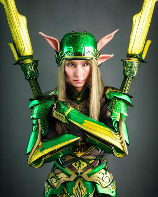 Image similar to a beautiful elf ranger with long hair and green eyes, no helmet, wearing green and gold futuristic mecha armor, with ornate rune carvings and glowing lining, very detailed, shot in canon 50mm f/1.2