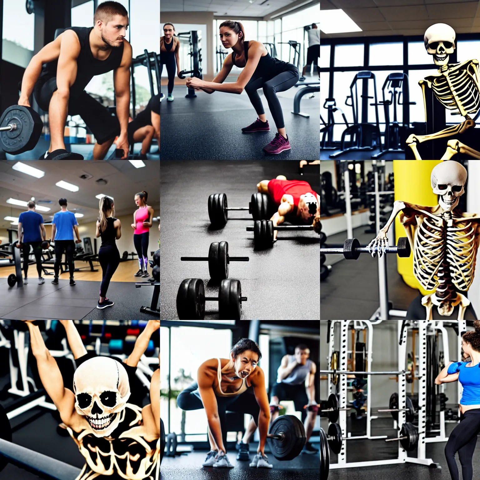 Prompt: a skeleton at the gym scares people