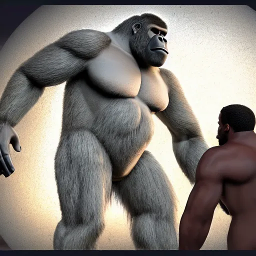 Image similar to big gorilla man terroizing church, 8k cinematic lighting, very sharp detail, anatomically correct