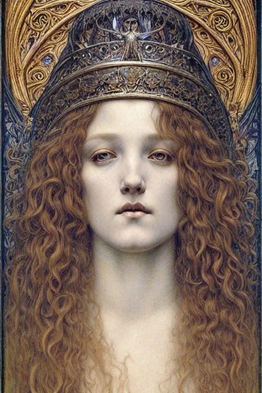 Image similar to detailed realistic beautiful young medieval queen face portrait by jean delville, gustave dore and marco mazzoni, art nouveau, symbolist, visionary, gothic, pre - raphaelite. horizontal symmetry