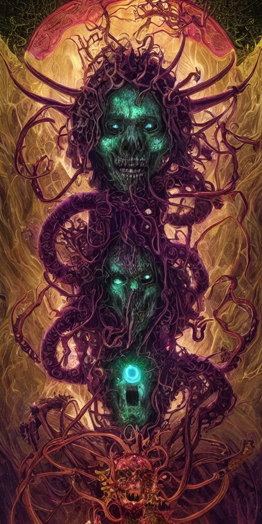 Prompt: intense glowing angry pagan fungus god with horns and tentacles and intense glowing eyes and a mossy skull in very dark cosmic space by karol bak and artgerm and alphonse mucha, portrait, fantasy, clear, light beams, lens flare, intense, uhd, amazing depth, cinematic lighting, deep green and teal and brown and shining gold