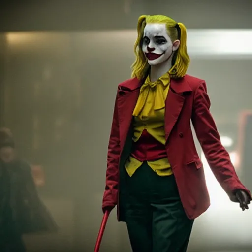 Prompt: film still of Emma Watson as Harley Quinn in the new Joker movie