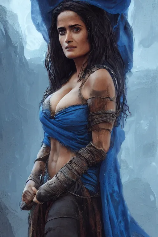 Image similar to portrait, Salma Hayek , sorceress, dressed in tattered blue dress and cloak , face portrait, raphael lacoste, eddie mendoza, alex ross, concept art, matte painting, highly detailed, rule of thirds, dynamic lighting, cinematic, detailed, denoised, centred