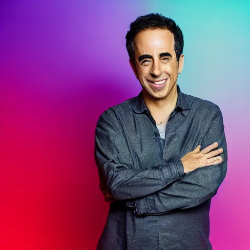 Prompt: Colored portrait photograph of asian Jerry Seinfeld. 8k resolution. Time magazine. Studio lightning. Serious!