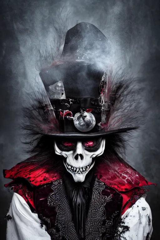 Image similar to the ghost - spirit translucid transparent, the grim - hatter wears the scarlet skull armor and blood crown, midnight fog - mist!, cinematic lighting, various refining methods, micro macro autofocus, ultra definition, award winning photo