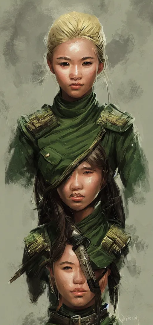 Image similar to portrait of vietnamese solider girl, green uniform, epic, elder scrolls art, fantasy, skyrim, hd shot, digital portrait, beautiful, artstation, by artgerm, guy denning, jakub rozalski, magali villeneuve and charlie bowater