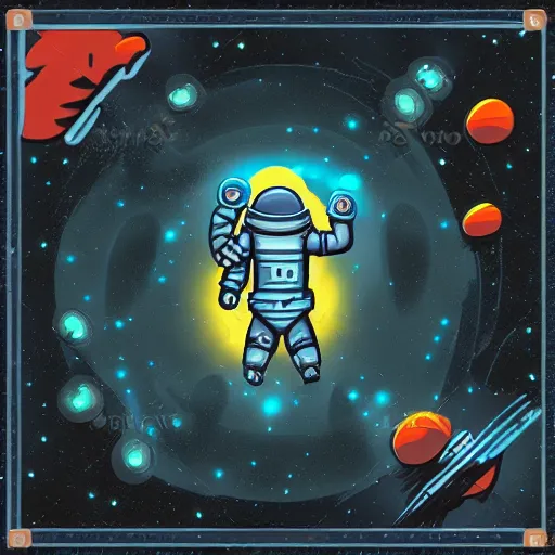 Prompt: astronaut game character in dark space quest, game art, splash art, 2d game