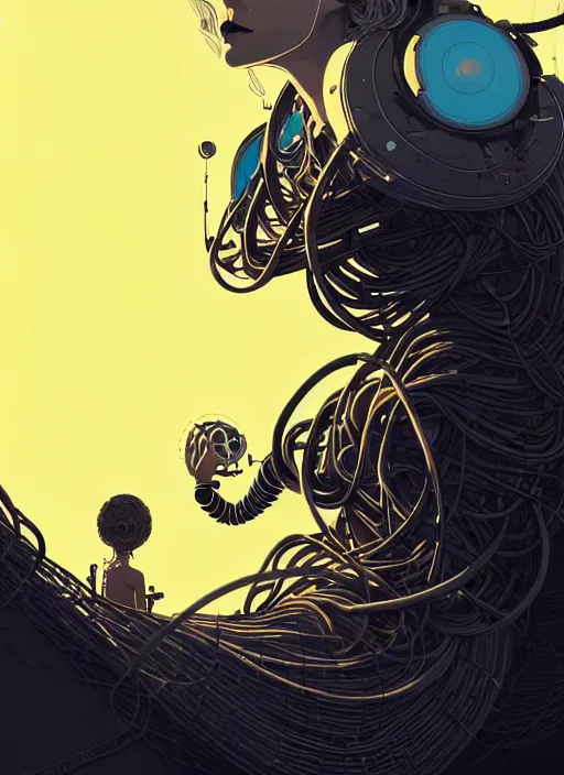 Prompt: highly detailed portrait of a robotic cyborg long curly white hair nomadic tribal lady, stray wiring and tubing by atey ghailan, james gilleard, by joe fenton, by greg rutkowski, by greg tocchini, by kaethe butcher, 4 k resolution, gradient yellow, black and white color scheme!!! ( ( robotic sandstorm robotic pyramid landscape background ) )