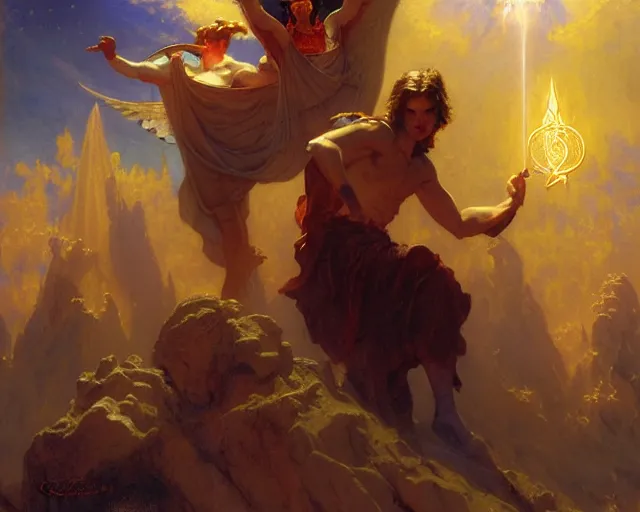 Image similar to attractive male deity, casting demonic magic, summoning handsome lucifer morning star. highly detailed painting by gaston bussiere, craig mullins, j. c. leyendecker 8 k