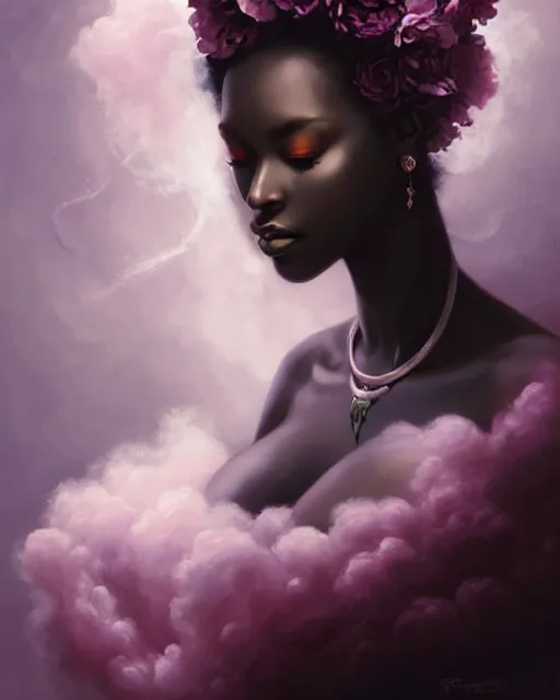 beautiful black woman with purple flowers for hair