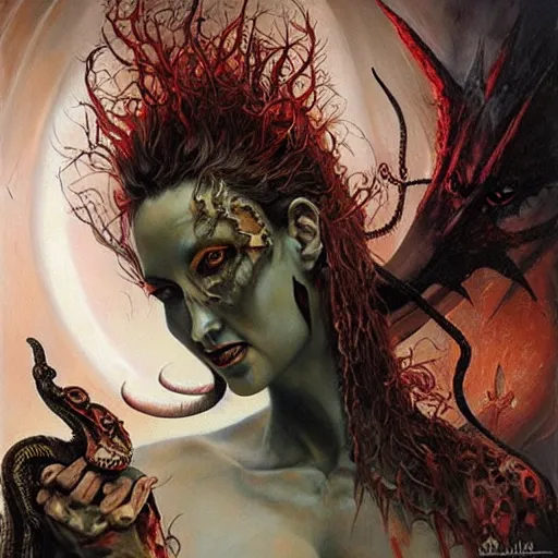 Image similar to a horrific evil demon and a serpent, ethereal, painting by karol bak